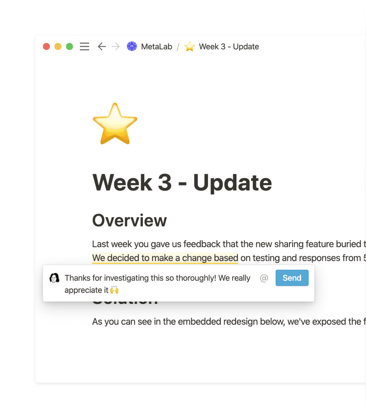 Weekly updates are shared with clients as Notion pages.
