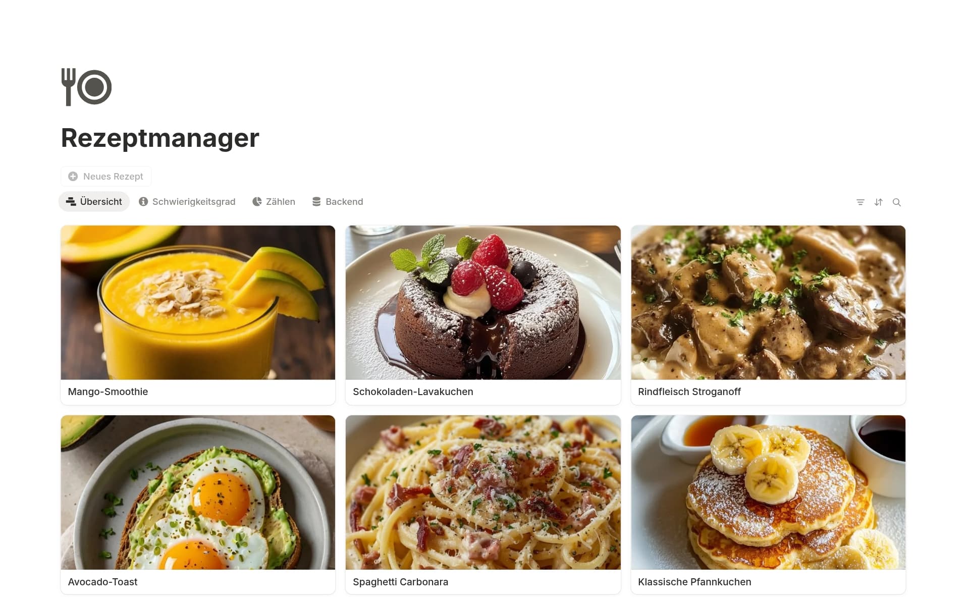 Screenshot der Deine Rezeptbox-Sammlung von Notion
